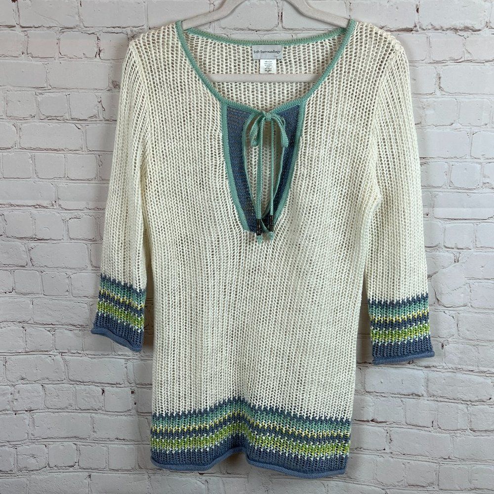 SOFT SURROUNDINGS white semi-sheer knit keyhole top tunic sweater pullover XS